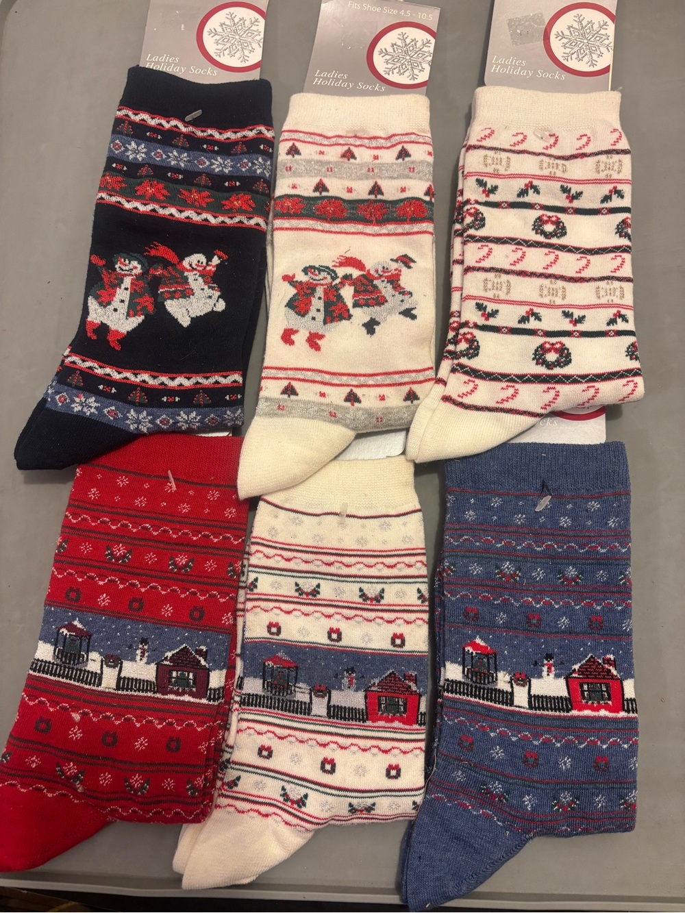 Ladies Holiday Patterned Crew Socks - Snowmen & Wreaths (Red, Navy, Cream)